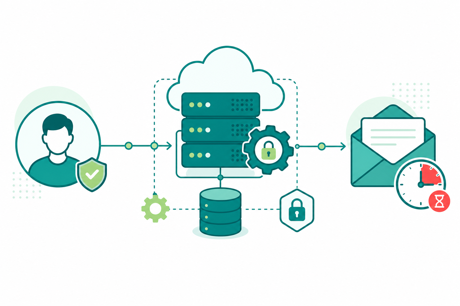 Technical diagram showing how disposable email works: user connects to cloud server infrastructure which delivers temporary emails with automatic expiration
