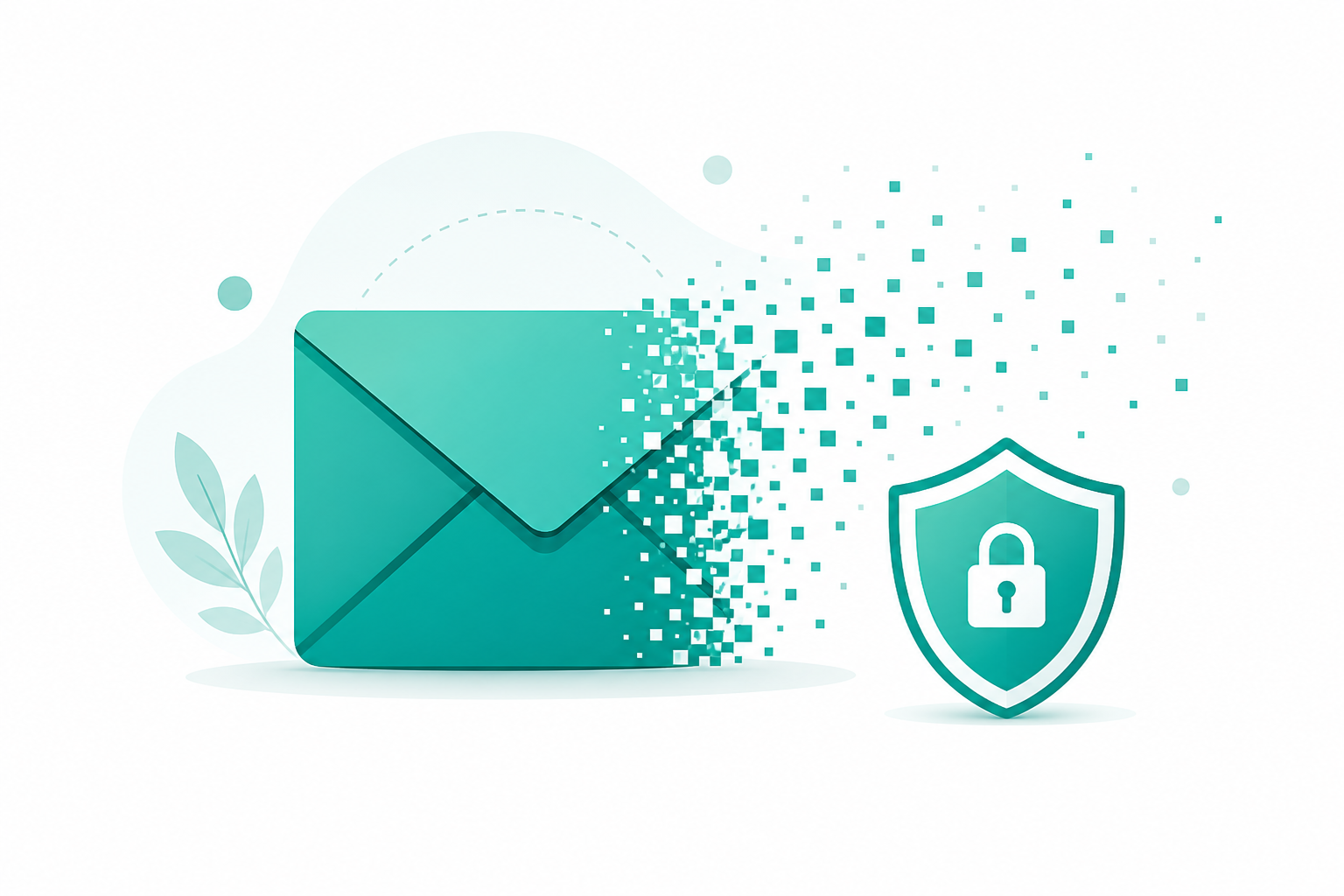 Disposable temporary email illustration showing an envelope dissolving into digital particles with a privacy shield